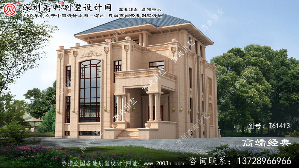 普兰店市欧式三层石别墅华丽的设计装饰，色彩强烈，表现出软硬石的结合。