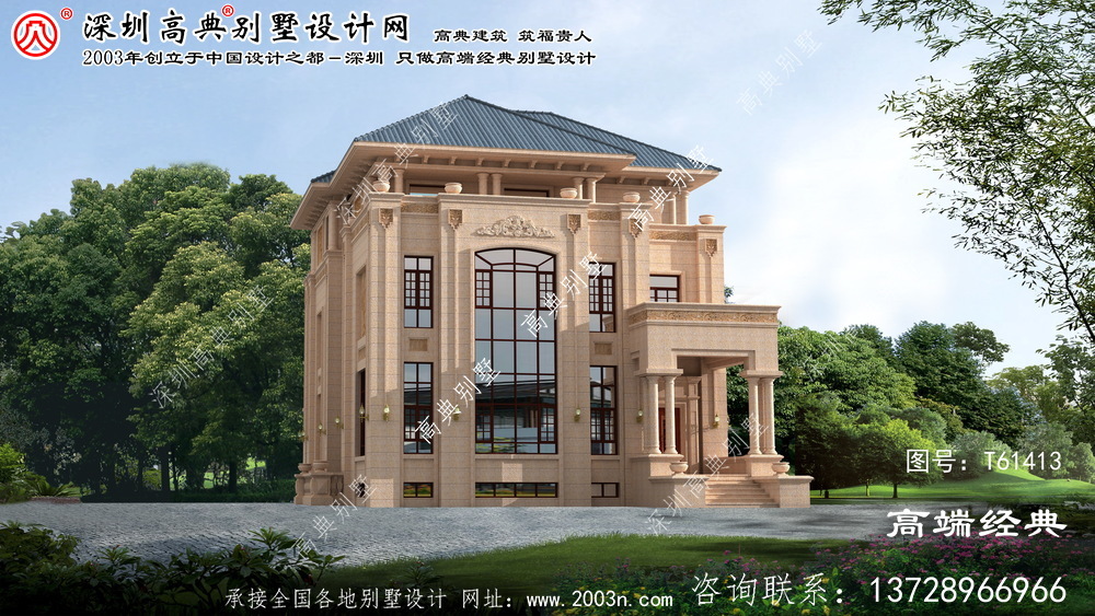 普兰店市欧式三层石别墅华丽的设计装饰，色彩强烈，表现出软硬石的结合。