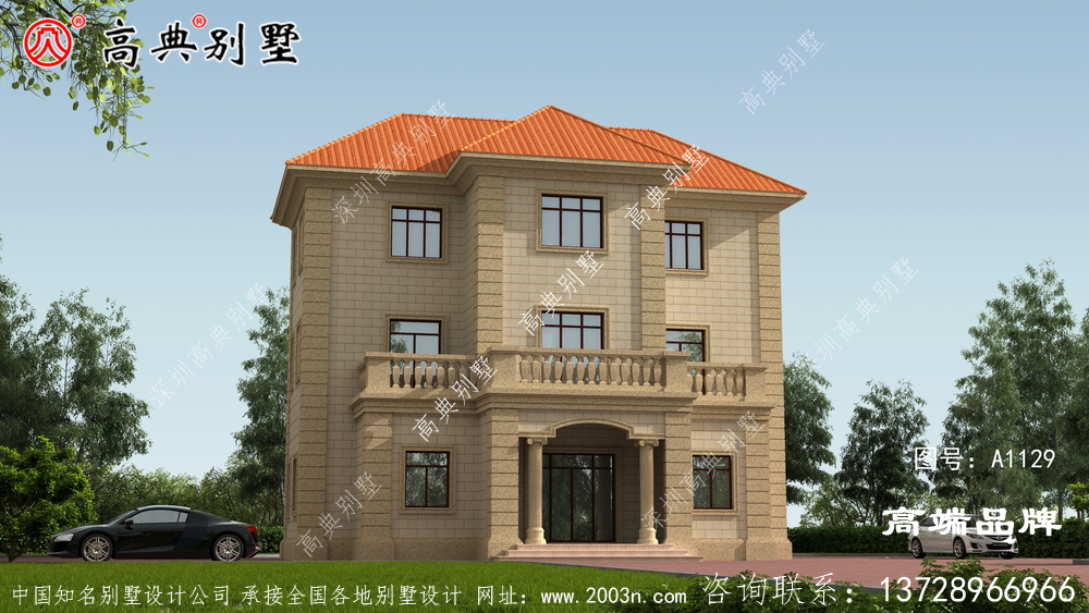 三层楼房设计造型方正雅致，颜色舒适淡雅