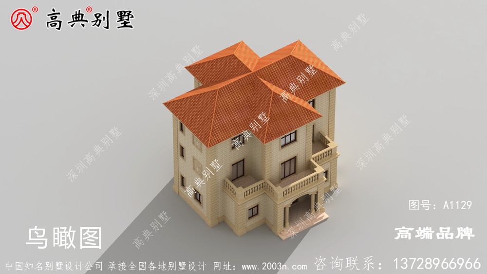 三层楼房设计造型方正雅致，颜色舒适淡雅